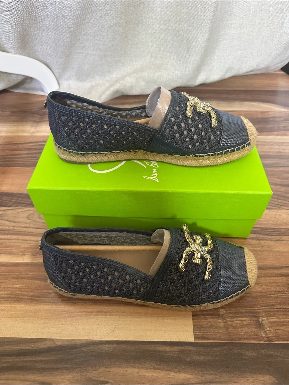 Sam Edelman Navy Woven Espadrille Flats with Gold Logo